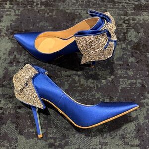 Betsey Johnson Elegant Blue Satin Heels with Bow Accent
